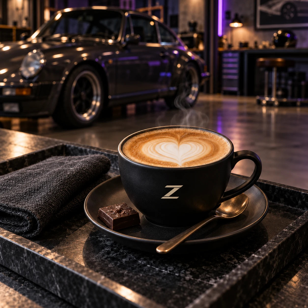 Frischer Cappuccino mit Herz-Latte-Art vor einem Sportwagen