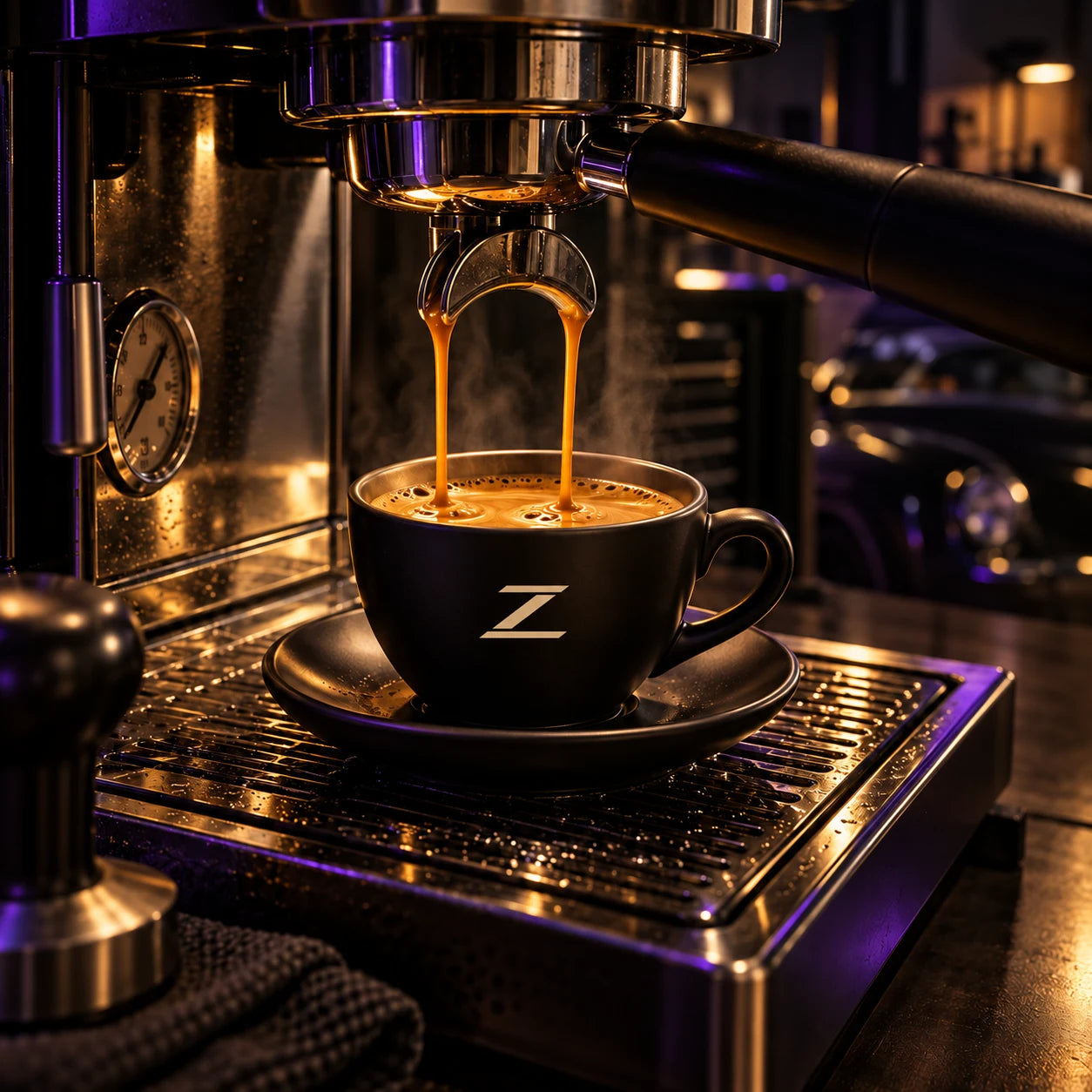Frischer Espresso läuft in eine schwarze Tasse