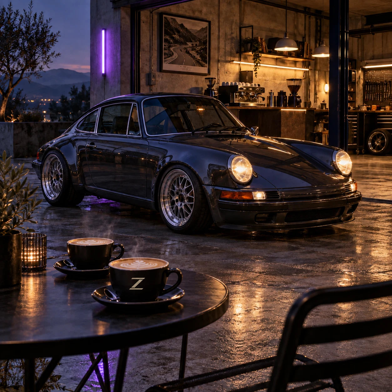 Klassischer Sportwagen und zwei Cappuccinos